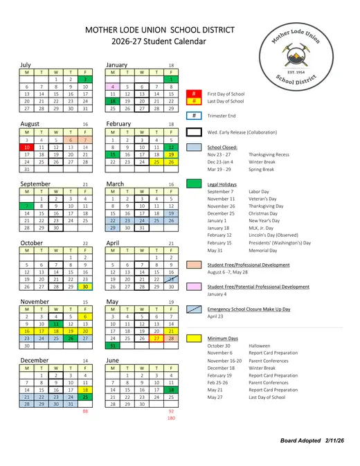 Mother Lode Union School District 2026–2027 Academic Calendar