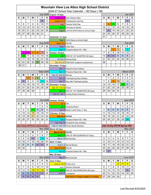 Mountain View Los Altos High School District 2026–2027 Academic Calendar