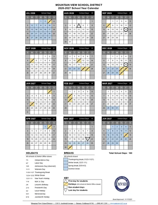 Mountain View School District 2026–2027 Academic Calendar