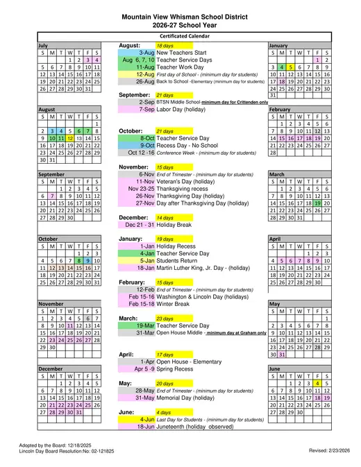 Mountain View Whisman School District 2026–2027 Academic Calendar