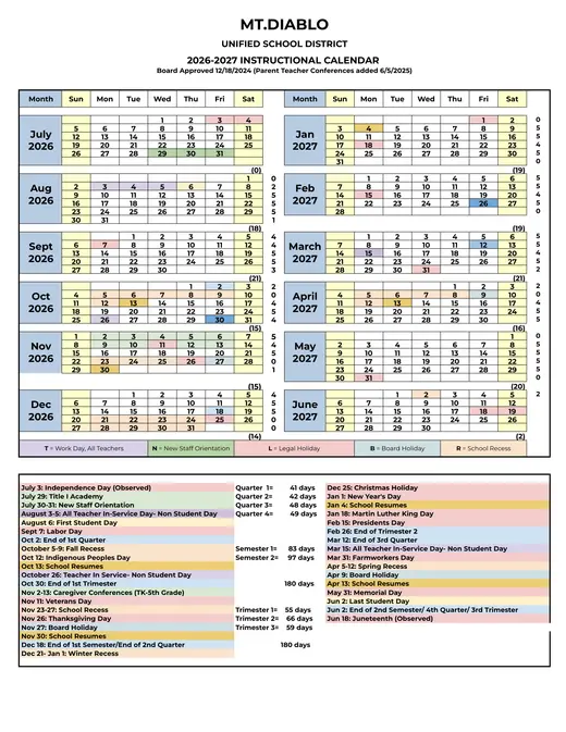 Mt.diablo Unified School District Mdusd 2026–2027 Academic Calendar