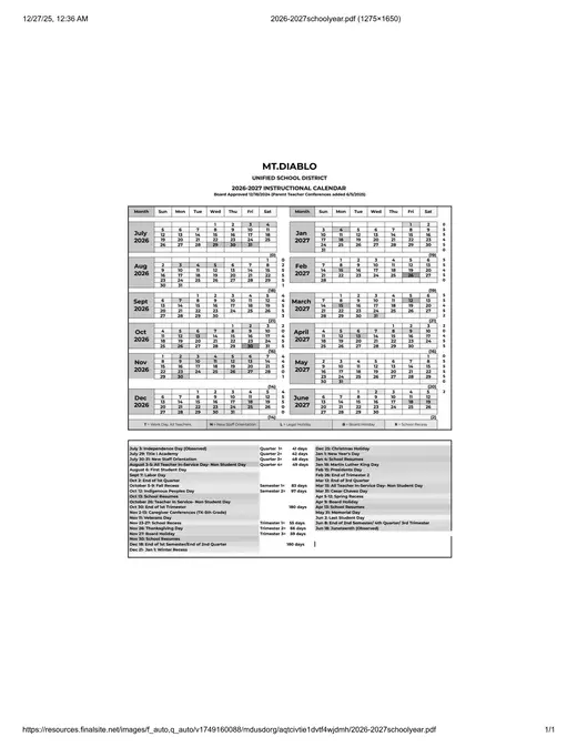 Mt Diablo Unified School District 2026–2027 Academic Calendar