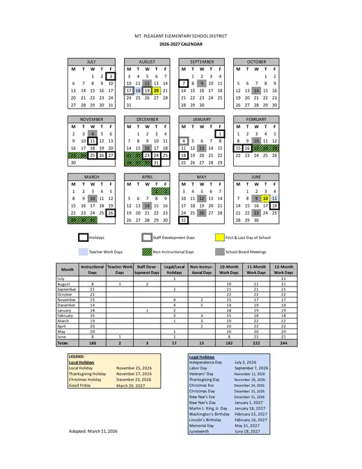Mt. Pleasant Elementary School District Mpesd 2026–2027 Academic Calendar