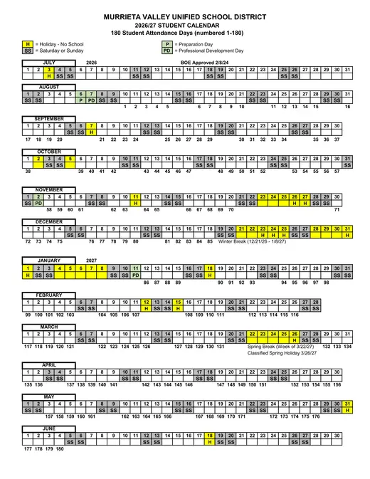 Murrieta Valley Unified School District 2026–2027 Academic Calendar