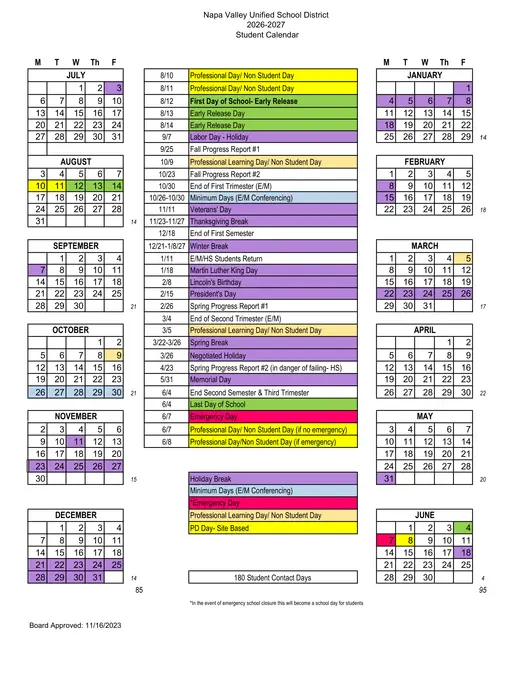 Napa Valley Unified School District NVUSD 2026–2027 Academic Calendar