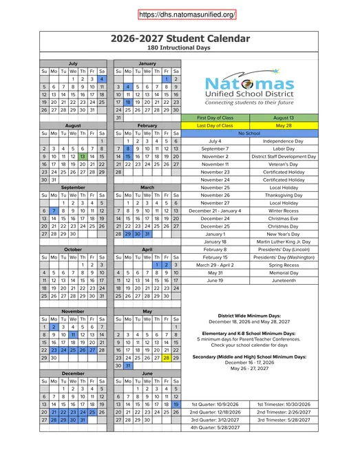 Natomas Unified School District 2026–2027 Academic Calendar