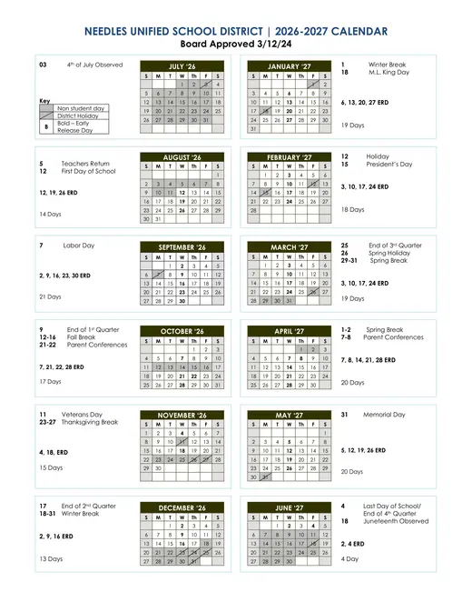 Needles Unified School District 2026–2027 Academic Calendar