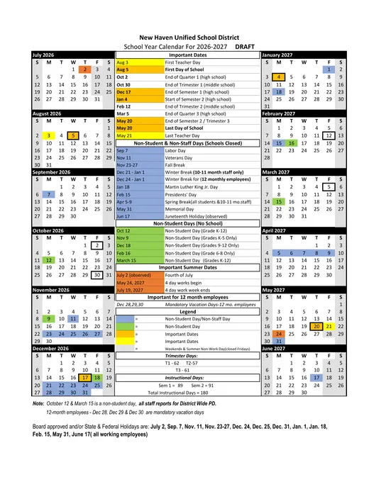 New Haven Unified School District 2026–2027 Academic Calendar