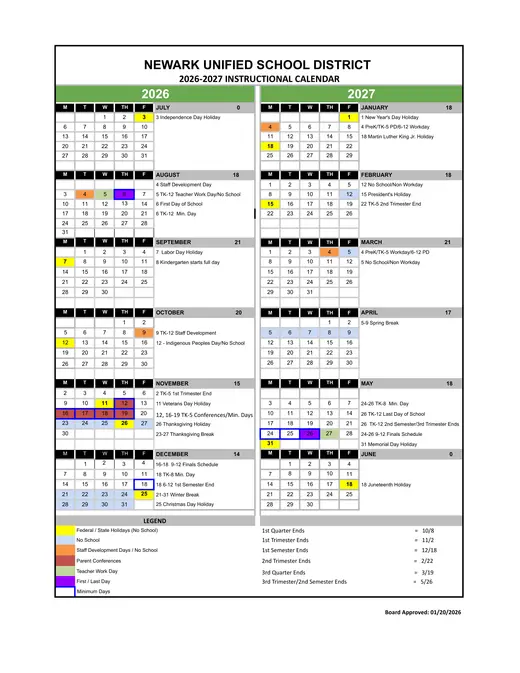 Newark Unified School District 2026–2027 Academic Calendar