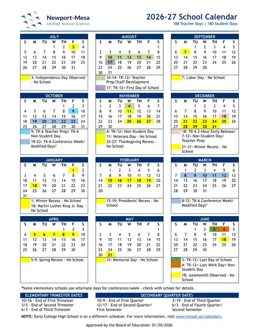 Newport-Mesa Unified School District 2026–2027 Academic Calendar
