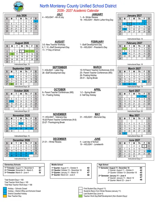 North Monterey County Unified School District NMCUSD 2026–2027 Academic Calendar
