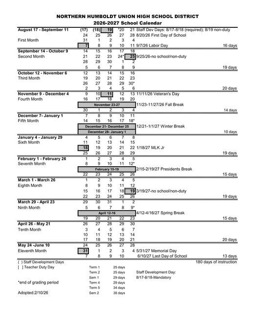 Northern Humboldt Union High School District 2026–2027 Academic Calendar