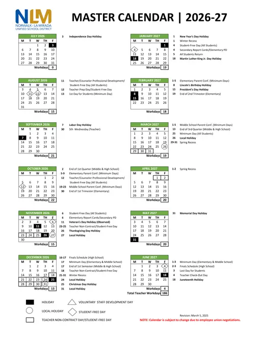 Norwalk-La Mirada Unified School District 2026–2027 Academic Calendar