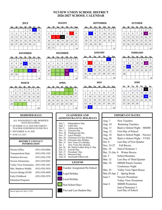 Nuview Bridge Early College High School 2026–2027 Academic Calendar Page 1