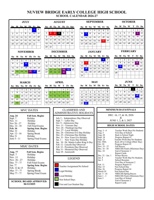 Nuview Bridge Early College High School 2026–2027 Academic Calendar Page 2