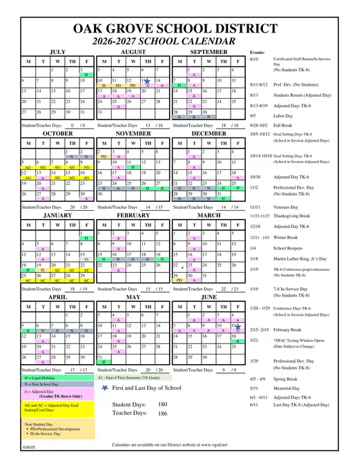 Oak Grove School District 2026–2027 Academic Calendar