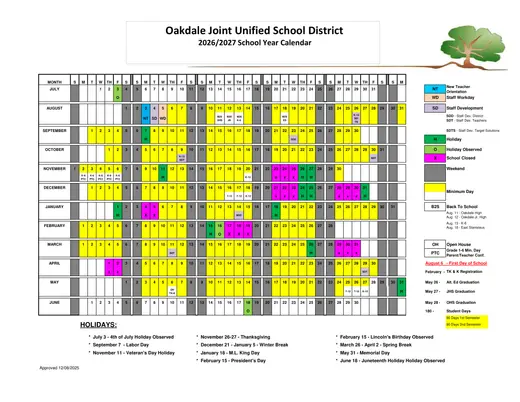Oakdale Joint Unified School District 2026–2027 Academic Calendar
