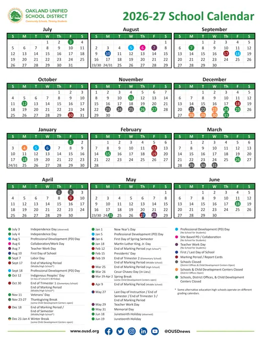 Oakland Unified School District 2026–2027 Academic Calendar