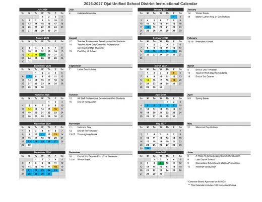 Ojai Unified School District 2026–2027 Academic Calendar Page 1