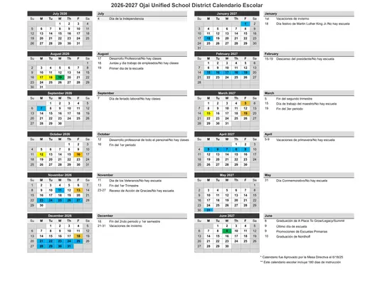 Ojai Unified School District 2026–2027 Academic Calendar Page 2