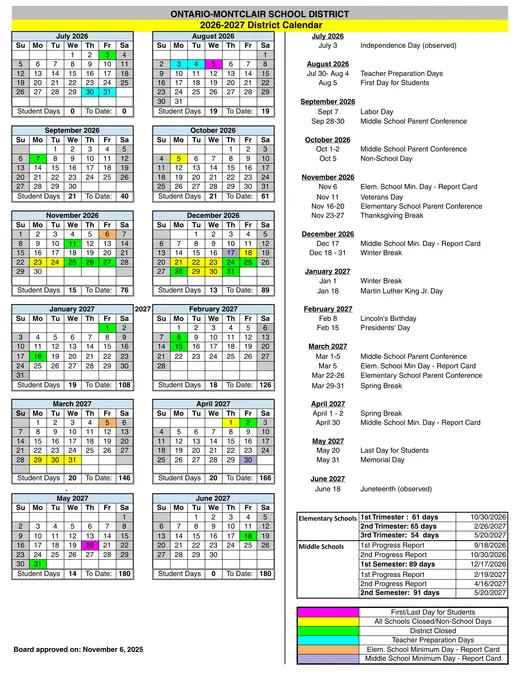 Ontario-Montclair School District 2026–2027 Academic Calendar