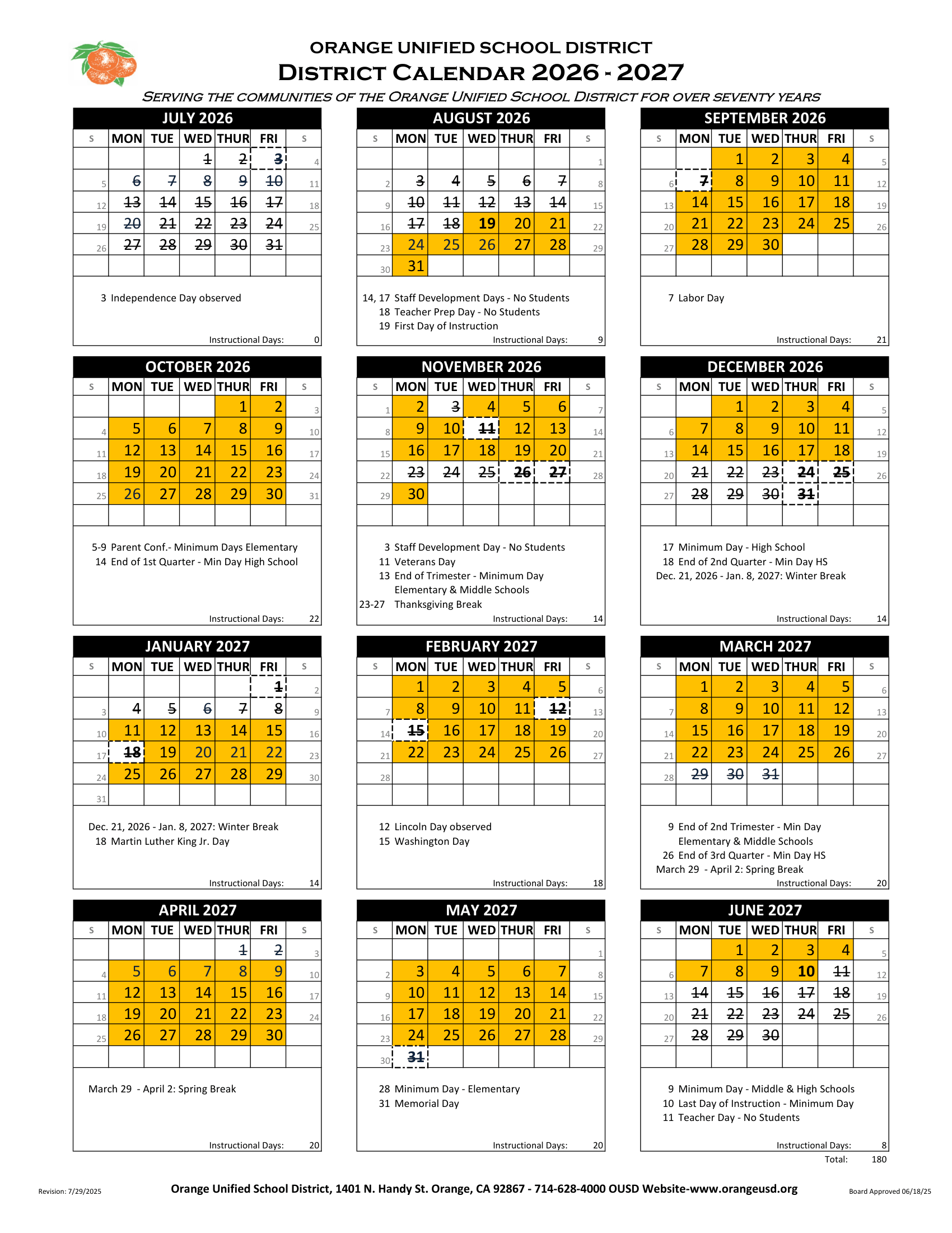 Orange Unified School District OUSD Calendar 26-27 | CalendarStates.com