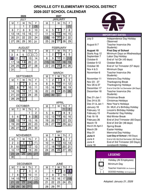 Oroville City Elementary School District OCESD 2026–2027 Academic Calendar