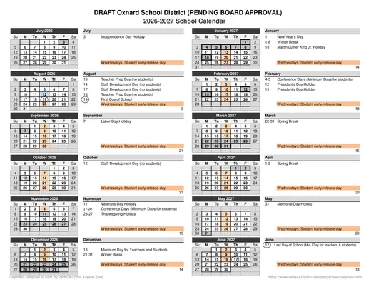 Oxnard School District 2026–2027 Academic Calendar