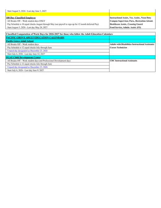 Pacific Grove Unified School District PGUSD 2026–2027 Academic Calendar Page 3