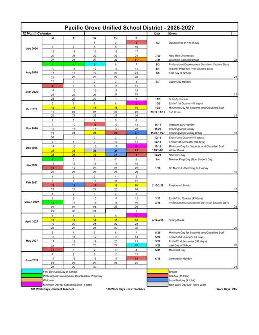 Pacific Grove Unified School District PGUSD 2026–2027 Academic Calendar Page 4
