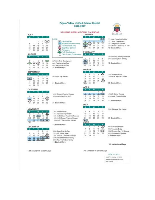 Pajaro Valley Unified School District PVUSD 2026–2027 Academic Calendar Page 1