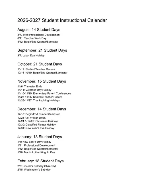 Pajaro Valley Unified School District PVUSD 2026–2027 Academic Calendar Page 2