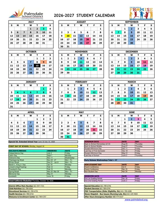 Palmdale School District 2026–2027 Academic Calendar Page 1