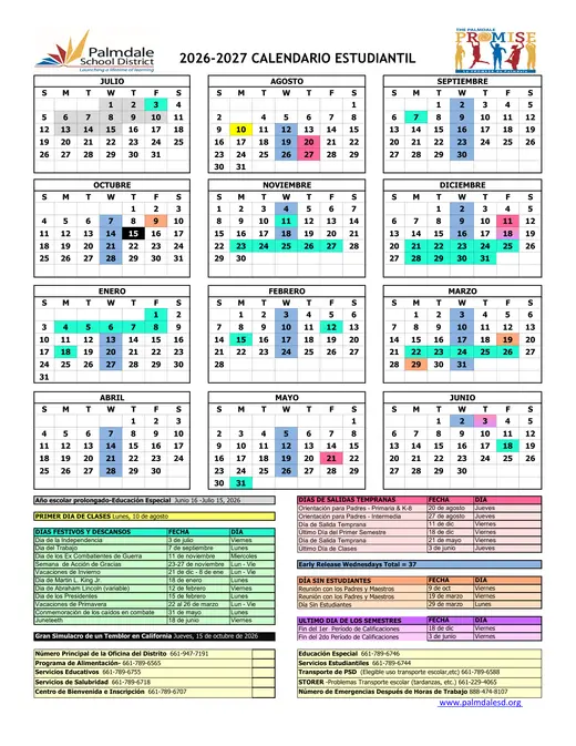 Palmdale School District 2026–2027 Academic Calendar Page 2