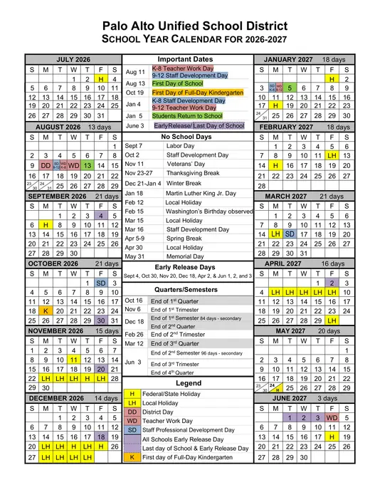 Palo Alto Unified School District 2026–2027 Academic Calendar