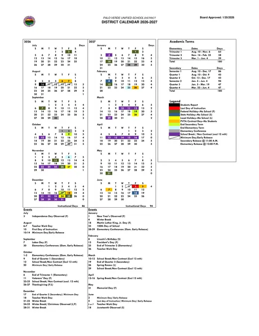 Palo Verde Unified School District 2026–2027 Academic Calendar