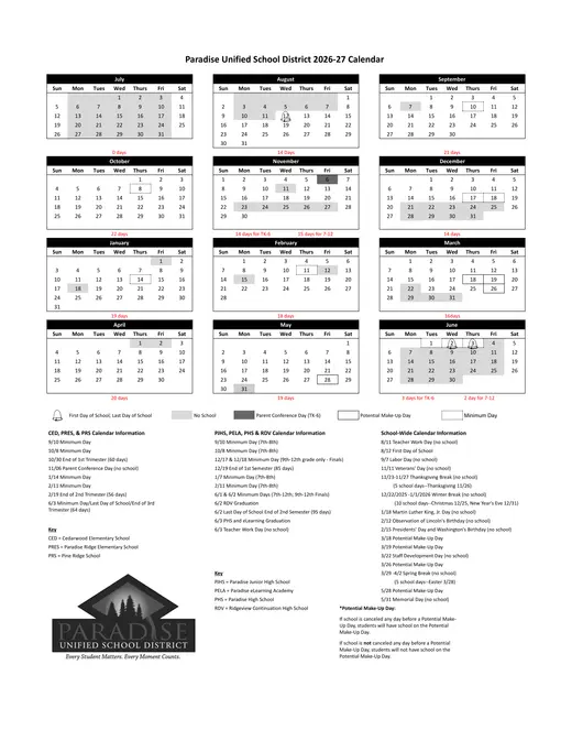 Paradise Unified School District 2026–2027 Academic Calendar
