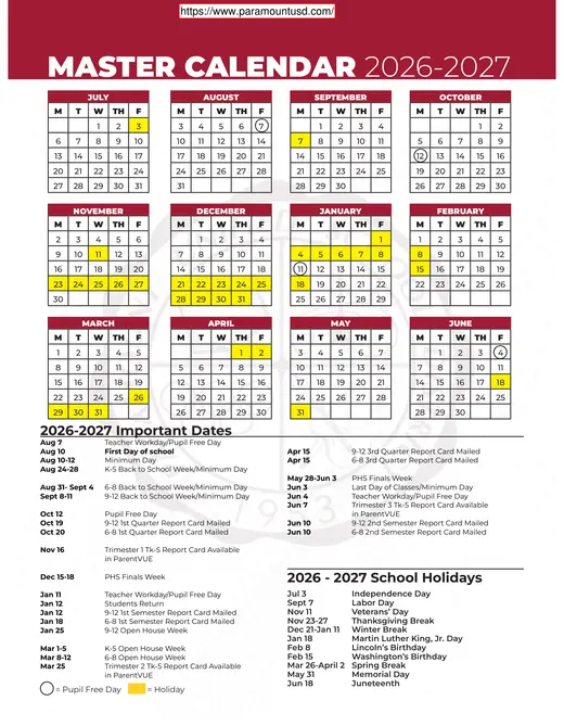 Paramount Unified School District 2026–2027 Academic Calendar
