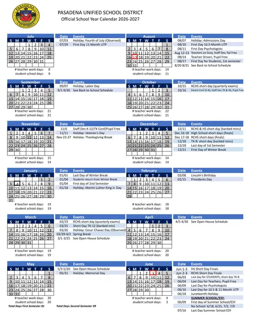 Pasadena Unified School District 2026–2027 Academic Calendar