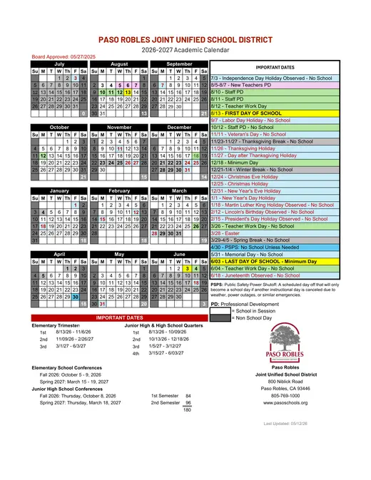 Paso Robles Joint Unified School District PRJUSD 2026–2027 Academic Calendar