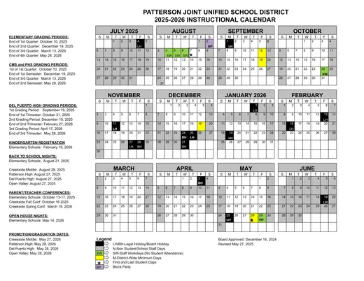Patterson Joint Unified School District 2025–2026 Academic Calendar