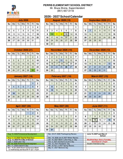 Perris Elementary School District 2026–2027 Academic Calendar