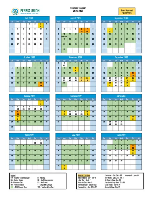 Perris Union High School District 2026–2027 Academic Calendar