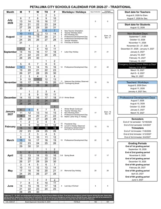Petaluma City Schools 2026–2027 Academic Calendar Page 1