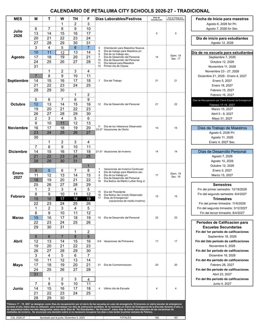 Petaluma City Schools 2026–2027 Academic Calendar Page 2