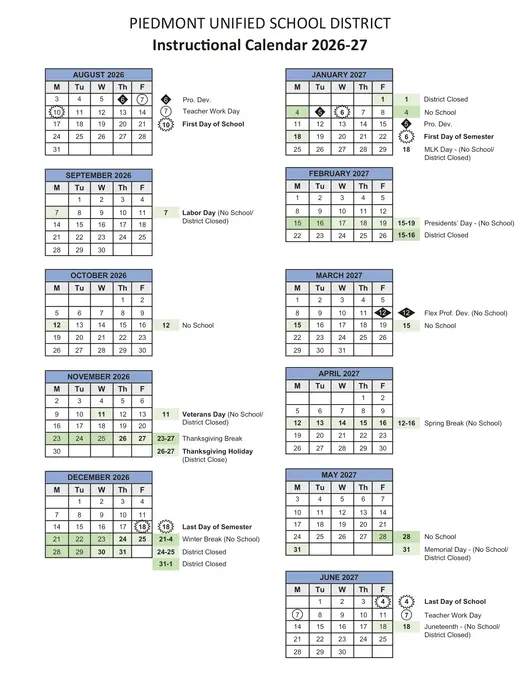 Piedmont Unified School District 2026–2027 Academic Calendar
