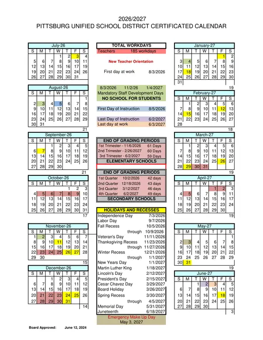 Pittsburg Unified School District 2026–2027 Academic Calendar