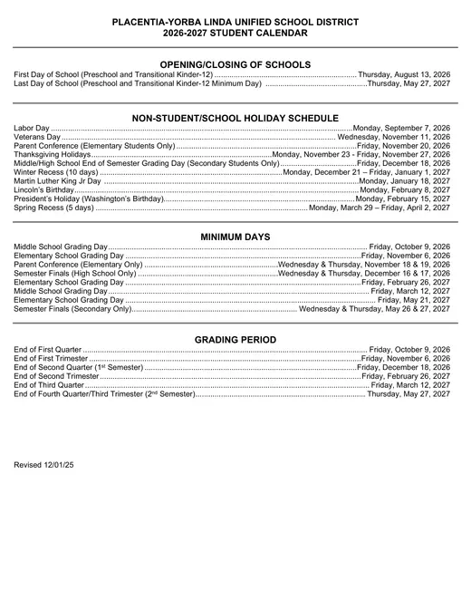 Placentia-Yorba Linda Unified School District 2026–2027 Academic Calendar