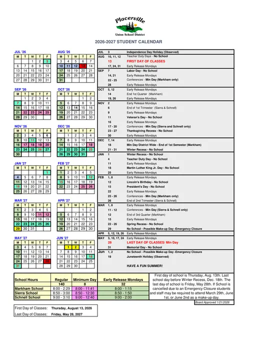 Placerville Union School District 2026–2027 Academic Calendar