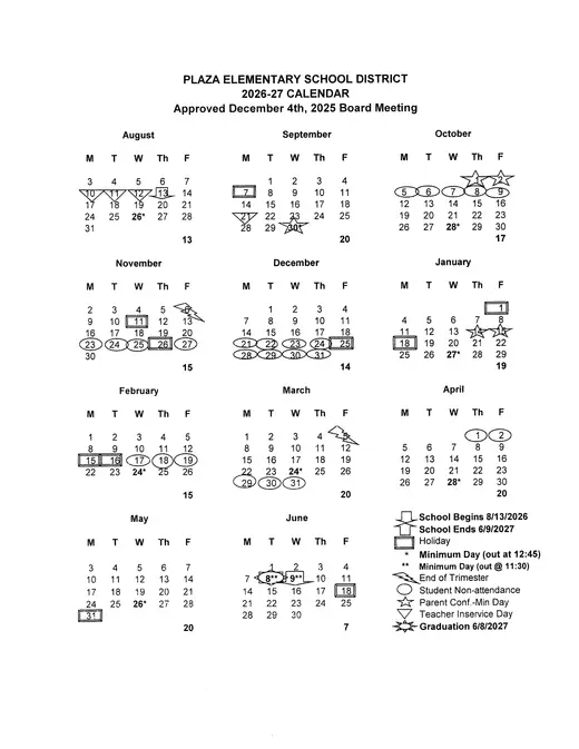Plaza Elementary School District 2026–2027 Academic Calendar